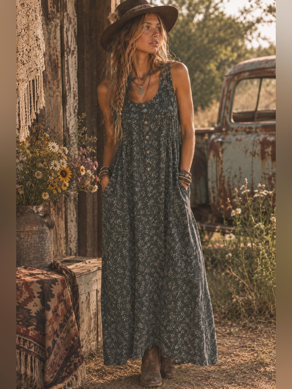 L.L. Bean Dark Green Floral Button-Front Maxi Dress